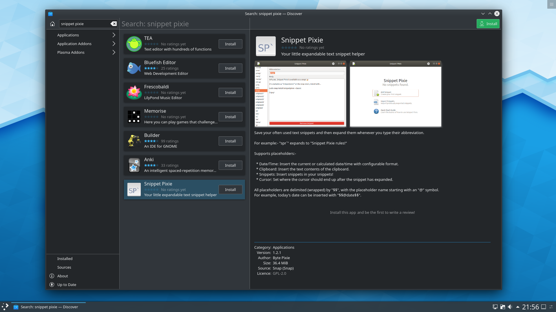 Snippet Pixie Snap in KDE Neon's app store