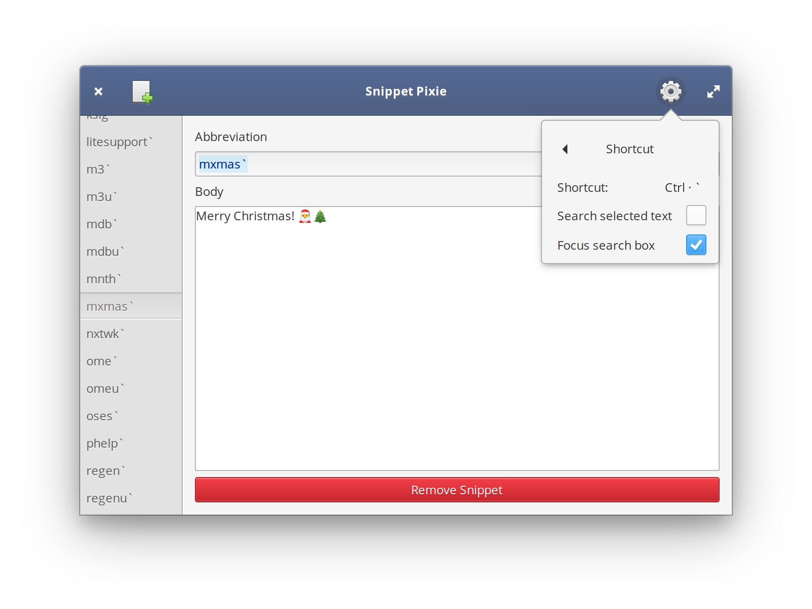 Snippet Pixie's New Shortcut Preferences Menu