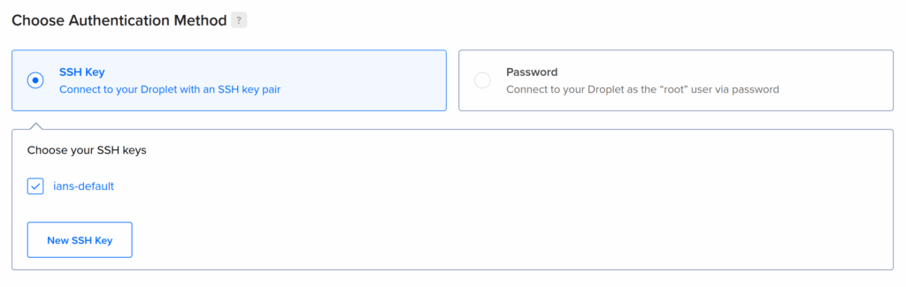 Making sure to select an SSH key to be automatically added to the new VPS.