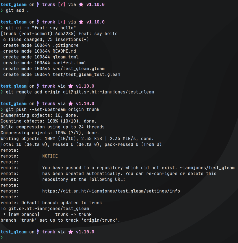 Screenshot of console session adding project to git and pushing it to SourceHut.