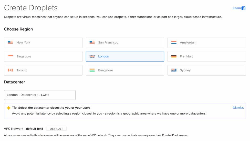 Picking London region for DigitalOcean Droplet.