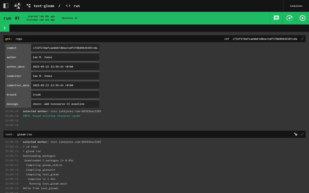 Details of a successful Concourse job shown in web UI.
