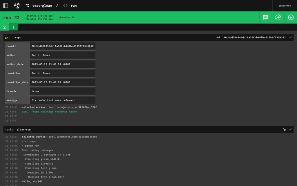 Details of successful run of run job as shown in the Concourse CI web UI.