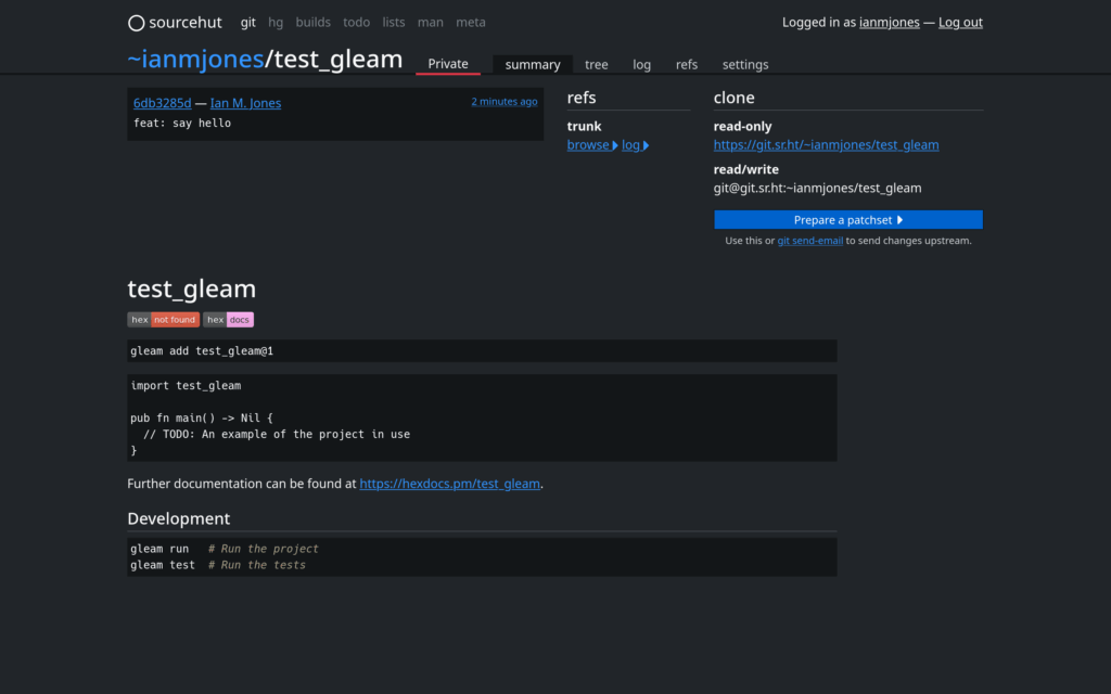 Screenshot of https://git.sr.ht/~ianmjones/test_gleam web page, showing project's README.md and other details.