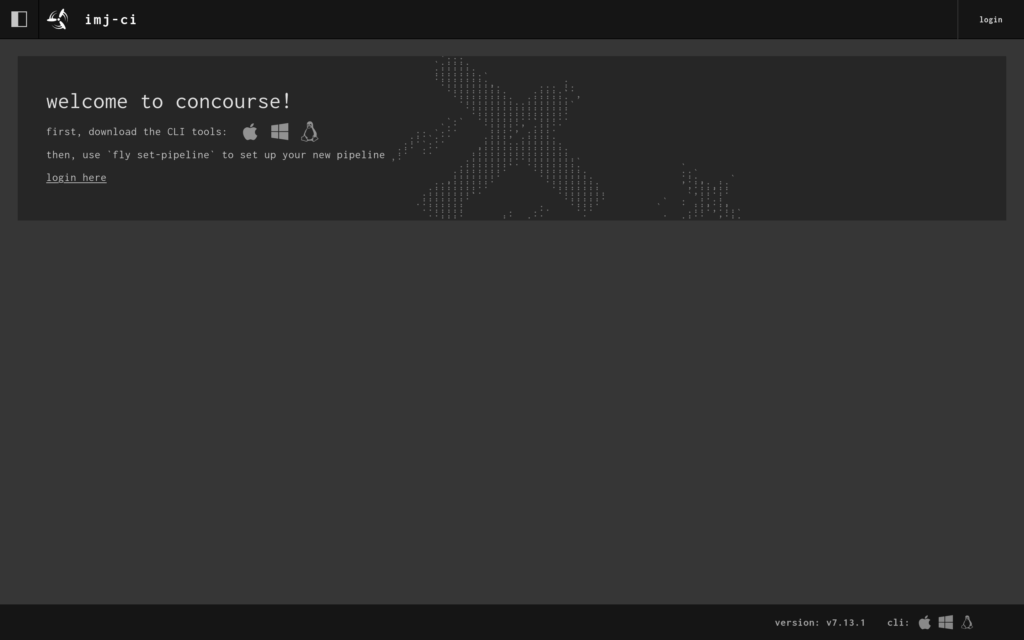 Concourse CI web UI before login, showing welcome and instructions for downloading the CLI tool.