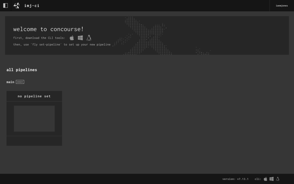 Logged in to Concourse CI web app but there's no pipelines being shown yet.
