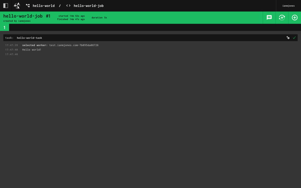 Successfully completed hello-world-job details and output.