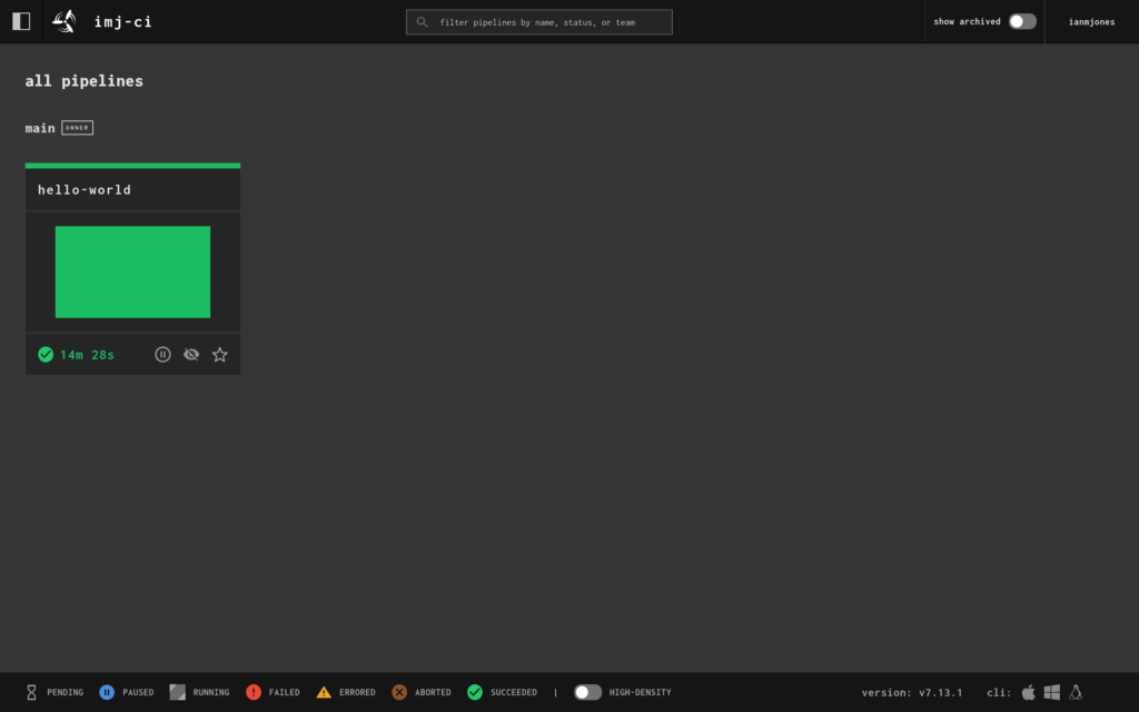 Concourse CI web UI showing successfully completed hello-world pipeline.