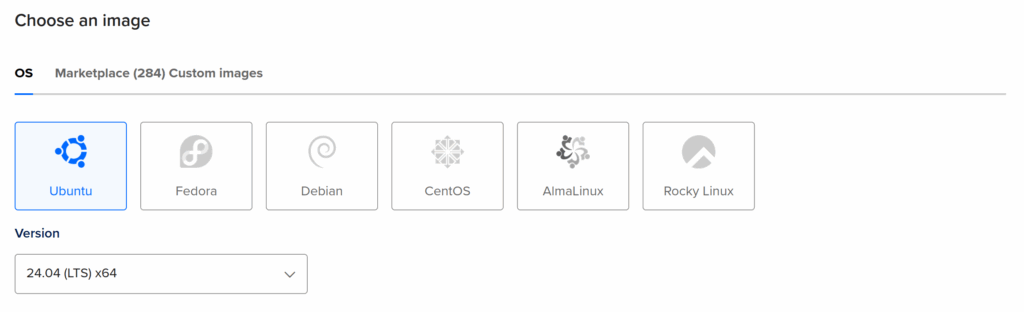 Selecting Ubuntu 24.04 LTS for Droplet's operating system.