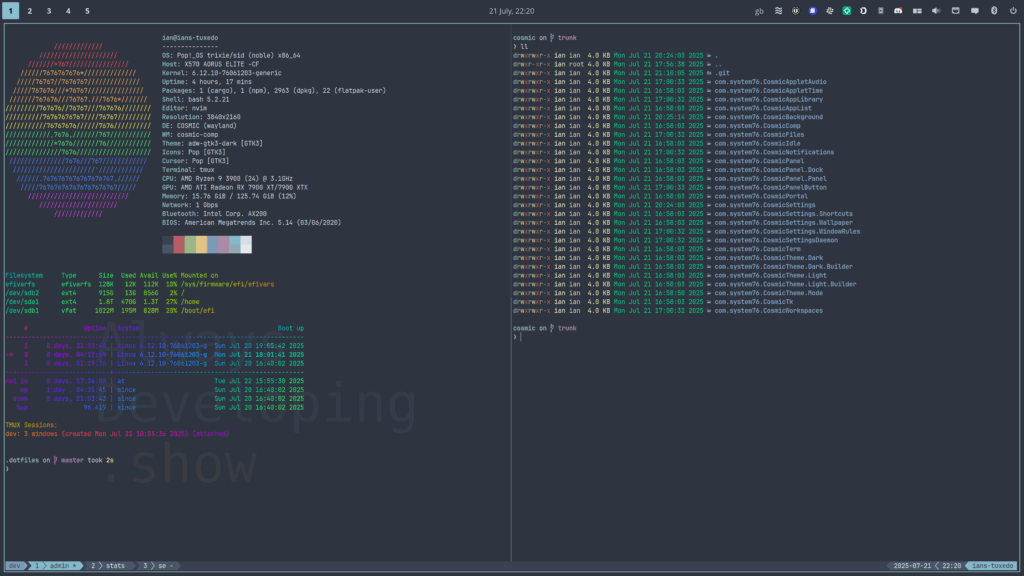 Screenshot of COSMIC Epoch desktop with Alacritty terminal running tmux.