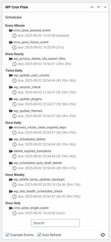 WP Cron Pixie widget with empty search box below schedules.