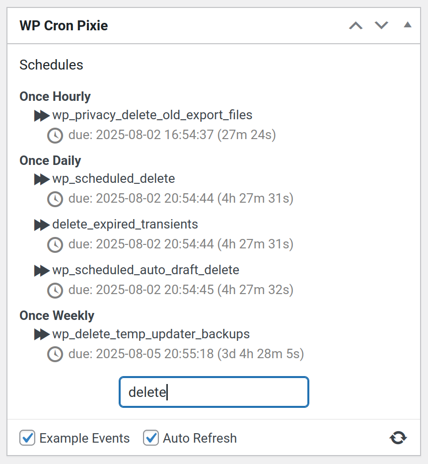 WP Cron Pixie widget with search for cron event names.