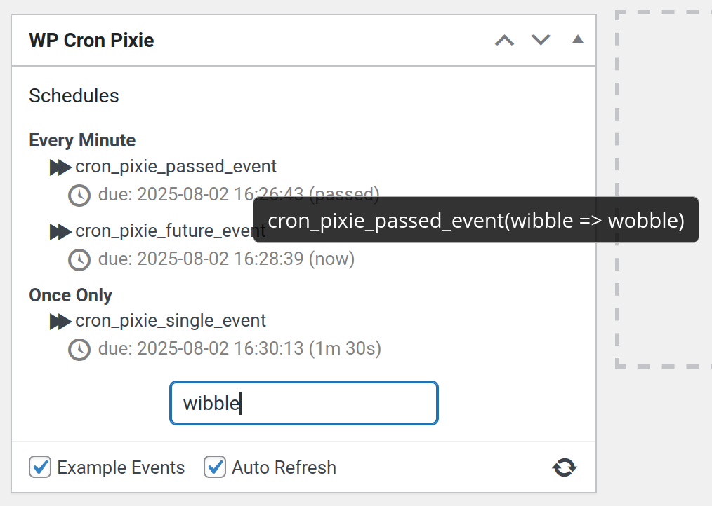 WP Cron Pixie widget with search for "wibble" and showing an event's arguments that match.