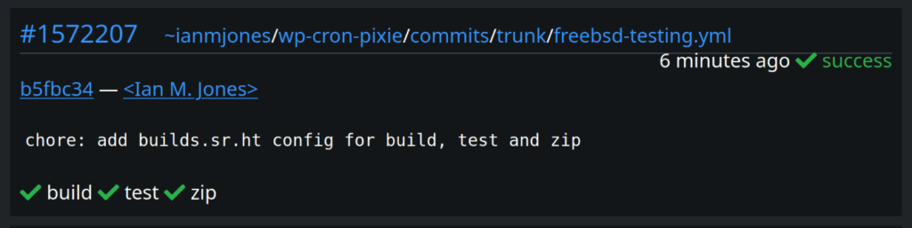 Screenshot of a successful builds.sr.ht run summary card